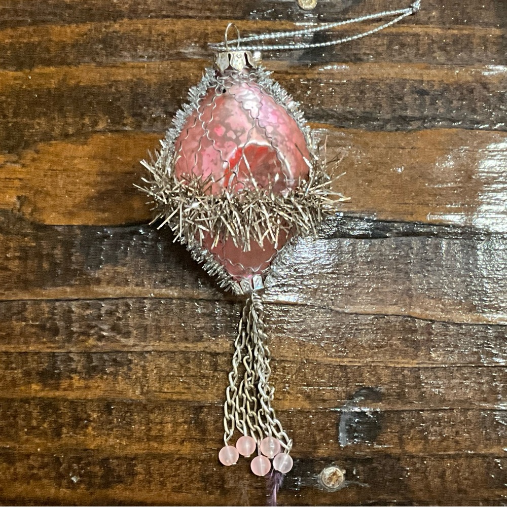 Unique Pink Teardrop Double Indented Glass Ornament with Wire Tinsel Beads
